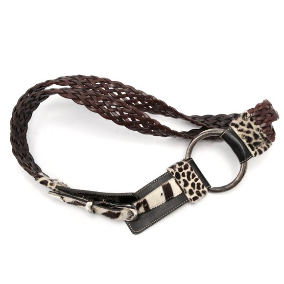 Vintage 90s La Doppia Vita Leather Pony Hair Belt Animal Print Braided Brown Whi - Picture 1 of 14